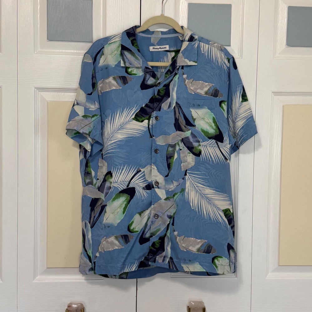 Tommy Bahama Mens Blue Silk Tropical Leaf Print Camp Shirt M T319765